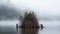 Floating Women On Wooden Boat In Misty Water