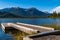 A floating, wooden dock into Vermillion Lake in Banff, Alberta, Canada