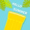 Floating yellow air pool water mattress. Top aerial view. Hello Summer greeting card. Palm tree leaf. Cute cartoon relaxing object