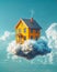 Floating yellow house amongst clouds. Surrealism building in the sky