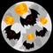 A flock of bats and pumpkins on the background of the moon. Halloween theme. Night black background. Vector illustration.