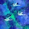 Flock of beautiful birds birds on a fantastic sky watercolor illustration. Galactic stars, night sky, bright lights