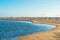 Flock of birds on the beach. Seagulls, sand beach, and clear blue sky on background.