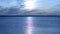 Flock of birds fly on background of river landscape at dawn