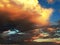 Flock of birds flying in front of fiery orange storm cloud