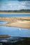 Flock of birds perched on the sandy shore of a a tranquil lagoon