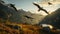 A flock of birds taking flight over a mountain range