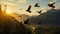 A flock of birds taking flight over a mountain range