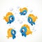 Flock of  cartoon  yellow-blue sea fishes isolated on a white background