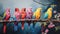 A flock of colorful parrots perched on a branch, creating a stunning display of hues by AI generated