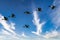 Flock detailed Geese flying in a beautiful blue sky. birds flying in the shape of. Animal themes, background, copy-space
