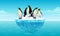 Flock of emperor penguins on ice floe in cold water