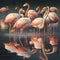 A flock of flamingos wading in a shallow lake