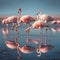 A flock of flamingos wading in a shallow lake
