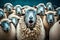 Flock of funny surprised sheep