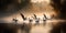 A flock of geese taking off from a calm lake, concept of Bird migration, created with Generative AI technology