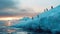 Flock of lovely Emperor penguins on floating on iceberg in cold Antarctic sea waters with picturesque sunset moody landscape