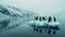 Flock of lovely penguins floating on small iceberg in cold Antarctic sea waters with picturesque moody landscape background.