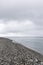 A flock of migratory birds flying wedge over the sea. Cloudy weather. Selective focus.