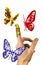 The flock of painted butterflies flying around finger
