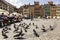 Flock of pigeons on famous Old Town Market square with colorful houses in Warsaw, Poland. June 2012 Rebuild Old town.