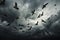 Flock of pigeons flying in the sky with stormy clouds, AI Generated