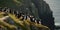 A flock of puffins perching on a rocky shore, ready to dive into the water for fish, concept of Coastal Wildlife