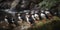 A flock of puffins perching on a rocky shore, ready to dive into the water for fish, concept of Coastal Wildlife