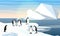 A flock of realistic emperor penguins with a chick. Coast of cold ocean or sea. Iceberg.