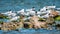 A flock of Sandwich terns resting on a rocky sea shore beach