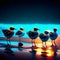 A flock of seagulls standing on the sand at sunset AI generated