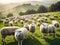 Flock of sheep grazing on a green meadow