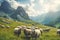 Flock of sheep grazing on green pasture in mountains. Landscape of sheep herd eating grass. Generative AI