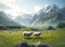 Flock of sheep grazing on green pasture in mountains. Landscape of sheep herd eating grass. Generative AI