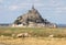 A flock of sheep grazing on the salt meadows close to the Mont Saint-Michel tidal island