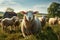 Flock of sheep, idyllic farm scene, peaceful grazing and serenity