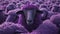 A flock of sheep standing next to each other in a field of purple sheep with yellow eyes and ears. Generated AI