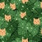 Floiage monstera leafs and cats faces seamless doodle pattern. Stylized print in green and orange colors