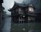 Flood in Asia village. Generative AI