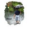 Flood digital art illustration of natural disaster. Heavy rain and boy with umbrella back view. High water tragedy