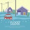 Flood disaster concept with house and car are flood vector design