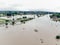 Flood on the Dniester River. View of the flooded main road of the village of Halych. Natural disasters, rains and floods