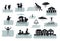 Flood infographic silhouette elements. flooded houses, city, car, people escape from floodwaters leaving houses, homes, rescue fam