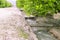 Flood irrigation through an irrigation ditch at agricultural plantation of lemon trees. Watering agriculture field in