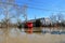 Flood waters over bridge and boxcar in Aurora, Indiana