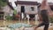 Flood waters under stilt-houses during the torrential monsoon rains