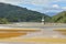 Flooded and abandoned church in the middle of a contaminated lake.