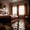 Flooded bedroom in house, with water damage and insurance problems