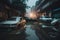 Flooded cars on the street of the city. Generative Ai