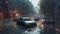 Flooded cars on the street of the city. Generative AI.